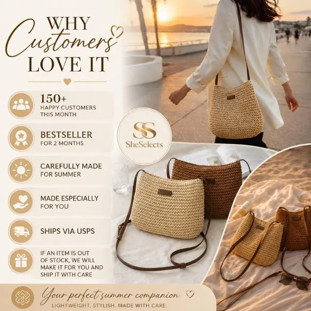 Woven Straw Tote Bag, Zipper Shoulder Purse, Minimalist Summer Vacation Bag