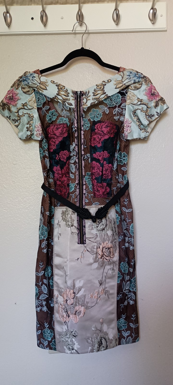 Byron Lars 2P Petite Floral Brocade Sheath Dress Belted Zip Scoop Knee