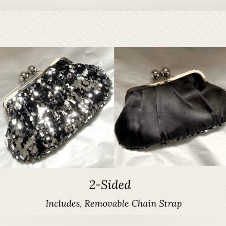 Black/Silver Sequin Clutch Purse, Kiss Lock, Detachable Silver Chain Strap