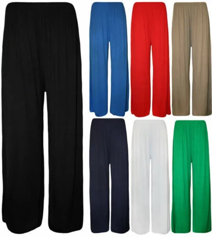 Ladies Palazzo Wide Leg Flared Elasticated Stretch Plain Trousers Womens Wide UK