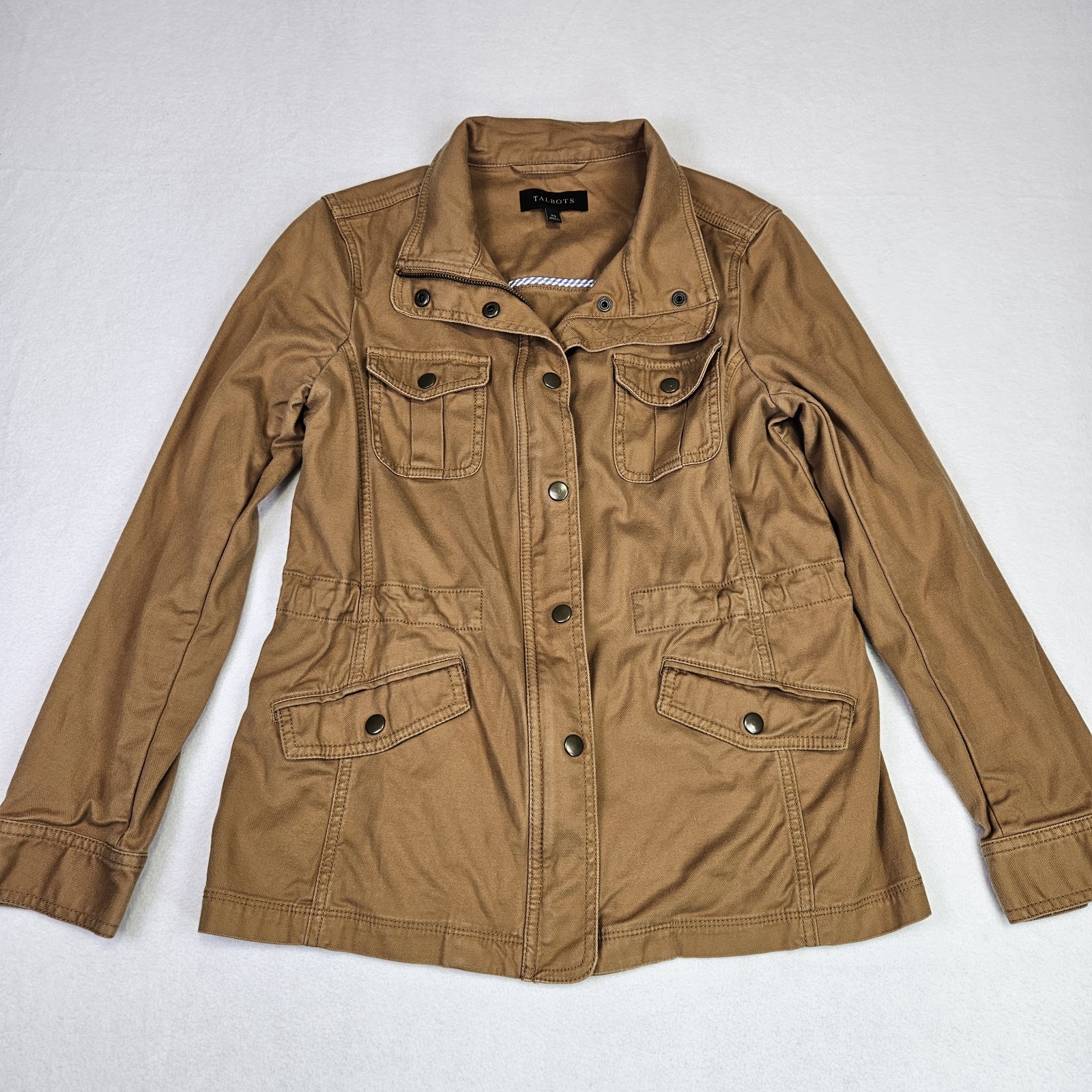 Talbots Safari Jacket Womans XS Camel Brown Twill Cotton Stretch Utility Outdoor