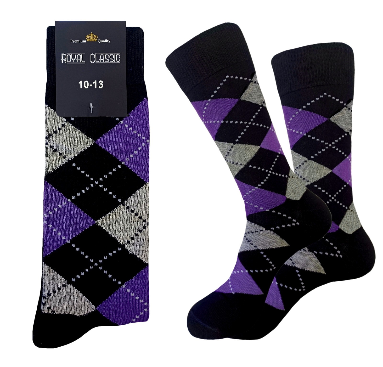 1-3-6-12 PAIR DRESS SOCKS BLACK PURPLE BLACK DIAMOND ARGYLE COTTON SOCKS 10-13