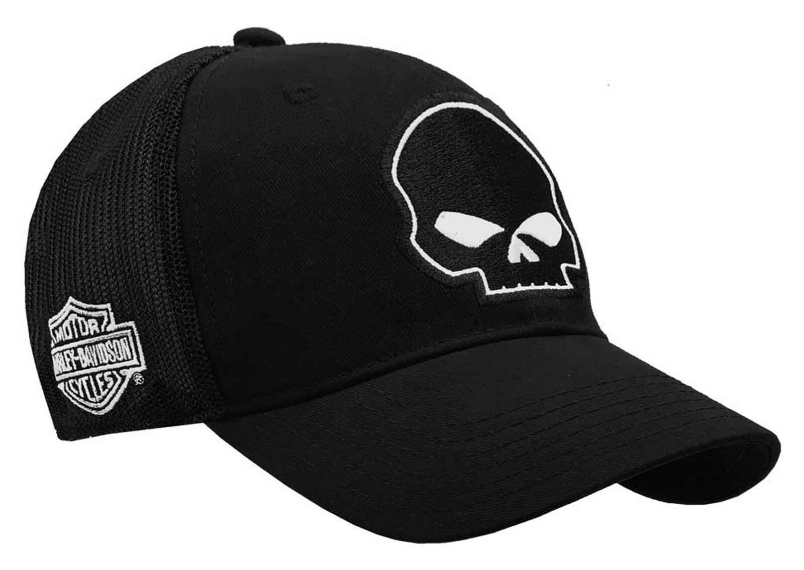 Harley-Davidson Men’s Willie G Skull Logo Curved Brim Mesh Trucker Cap – Black