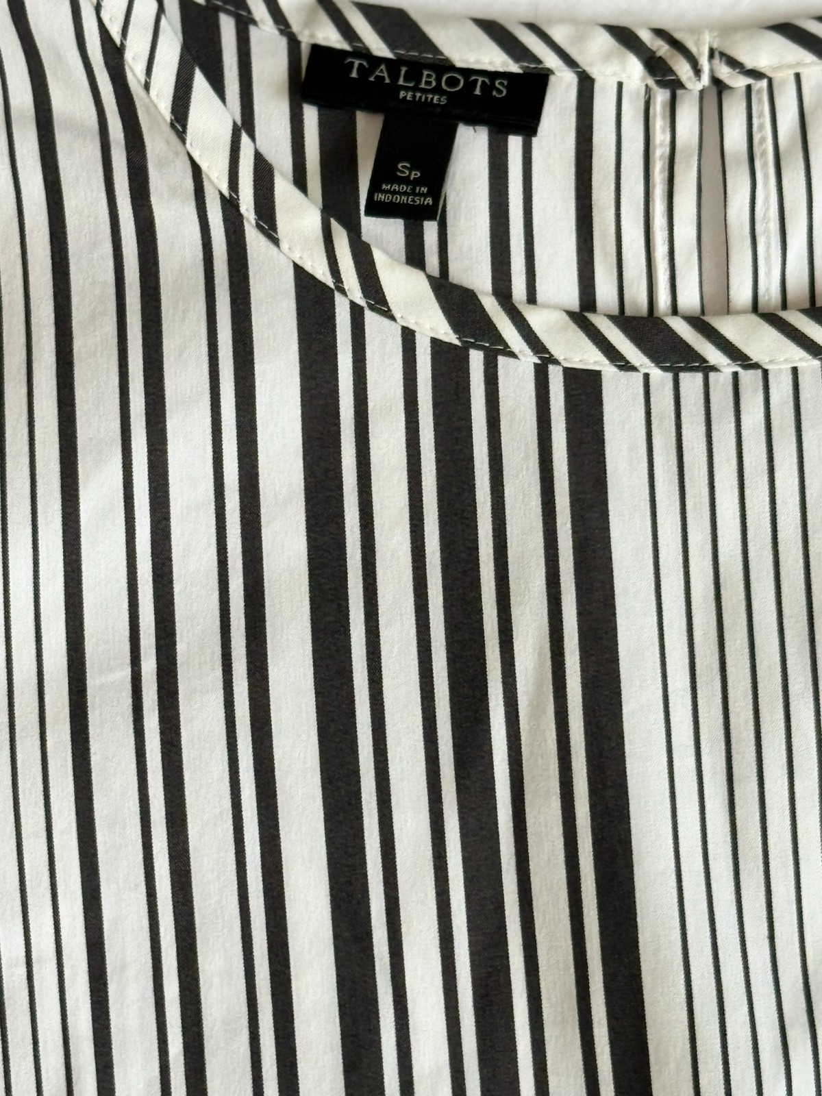 Talbots Petites SP Black White Stripe Tie Waist Long Sleeve Blouse Cotton