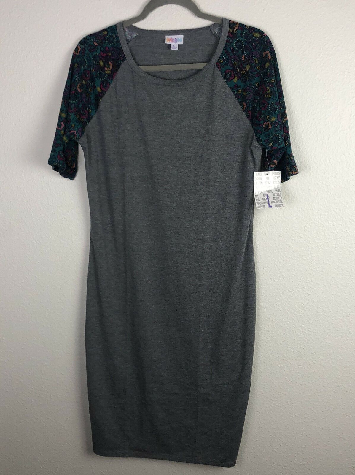 LulaRoe Julia Dress Size Large Gray With Multi Color Sleeves NWT