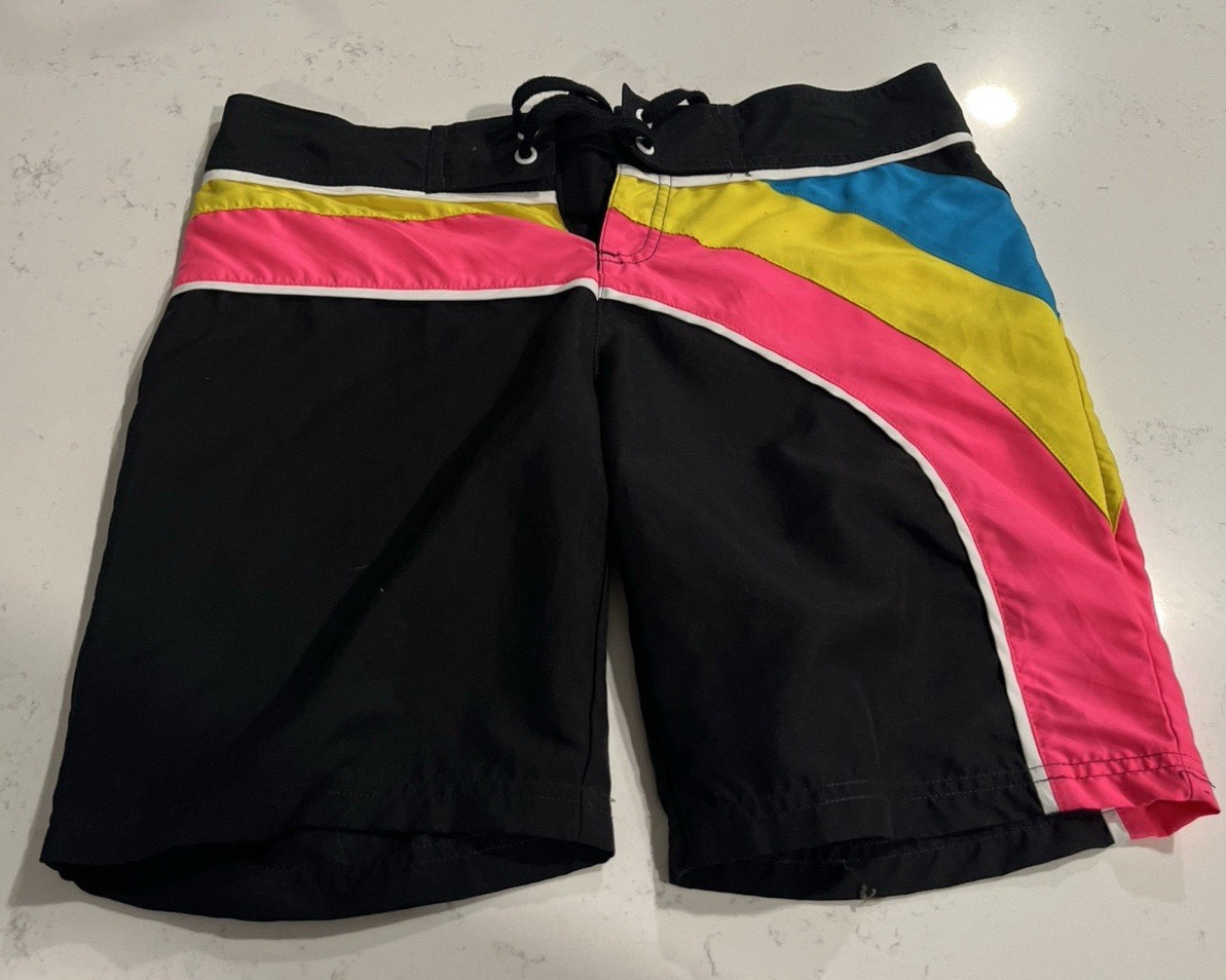 Vintage Ocean Pacific 90’s Board Shorts Black/Pink/Yellow/Blue -SIze S/Ch 3-5
