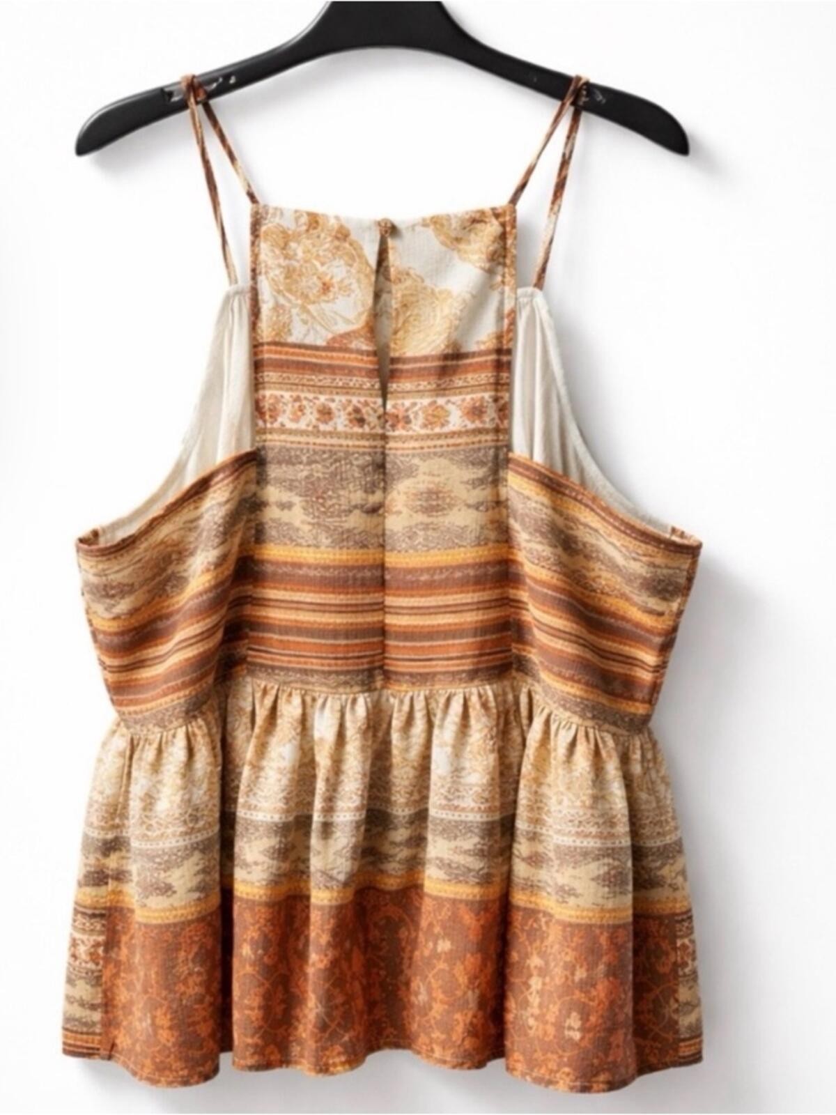 Moon River Mustard Multi-Pattern Spaghetti Strap Peplum Top