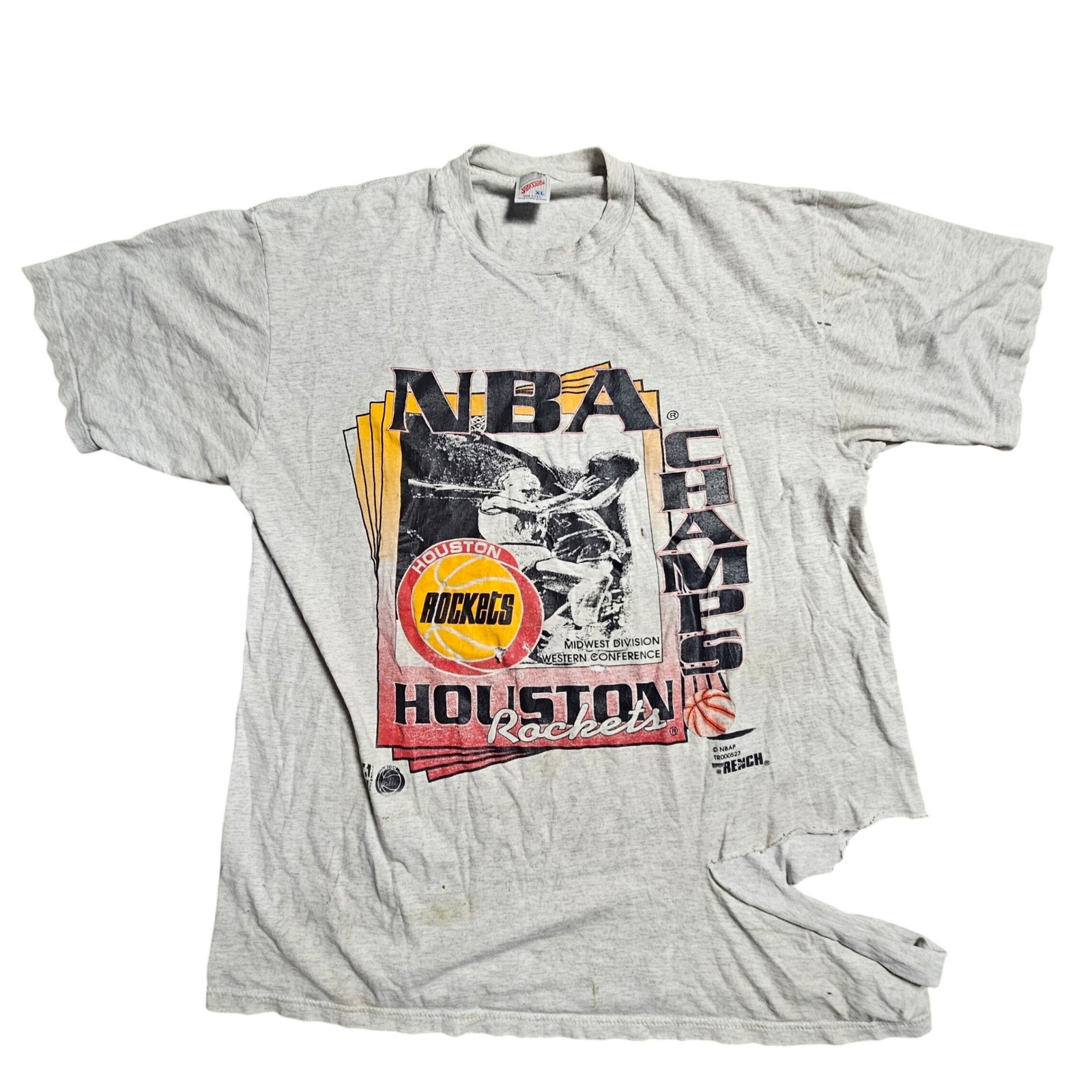 Vintage 1994 Houston Rockets NBA Champs Trench T-Shirt XL Jerzees 90s Thrashed