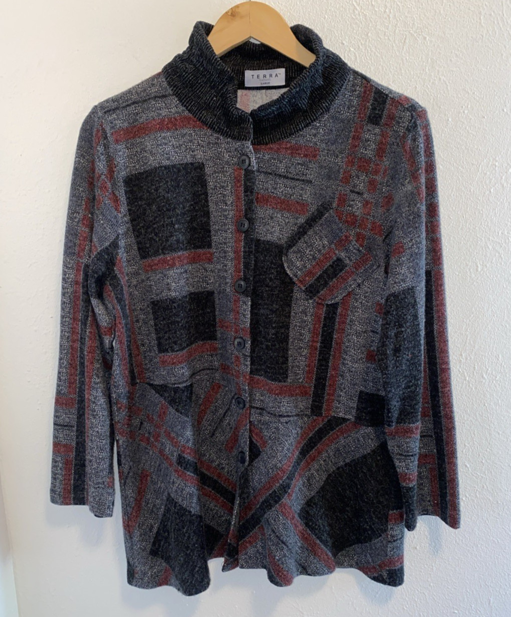 Terra SJ Apparel Wired Collar Sweater Jacket Red Black Geometric Size Large