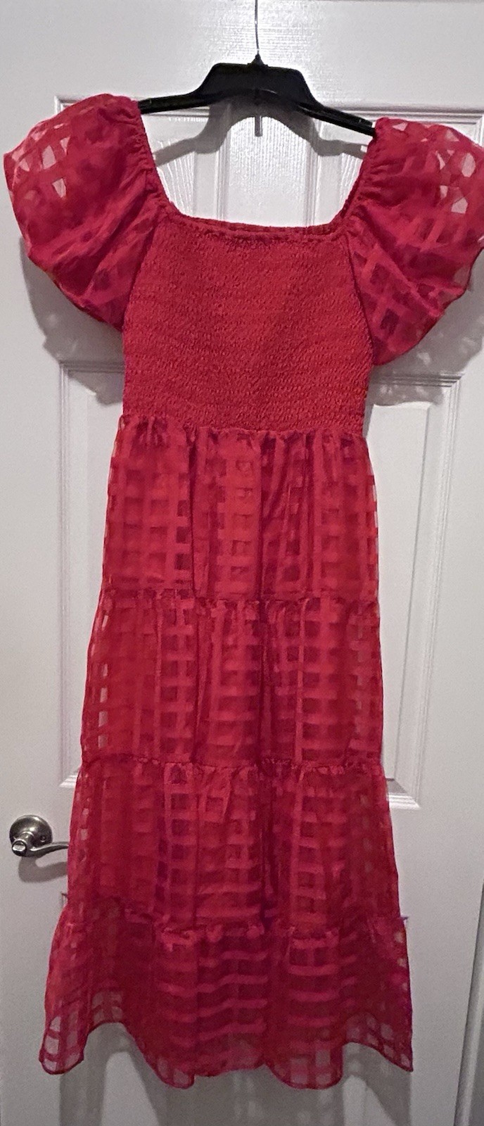 Prettygarden Red Check Smocked Tiered Midi Dress Square Neck Puff Sleeve S