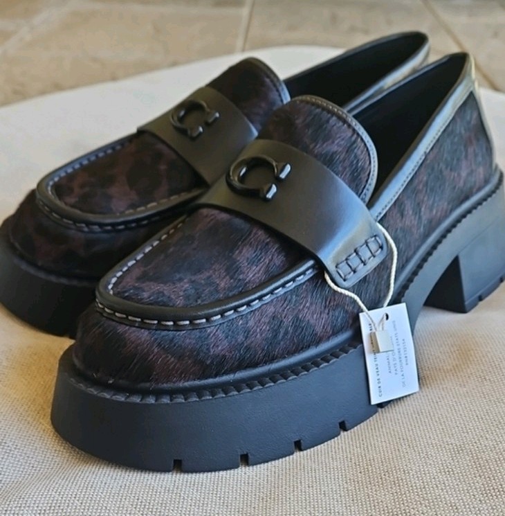 COACH Leah Chunky Platform Loafer Calf-hair Brown & Black Leopard Print Size 7.5