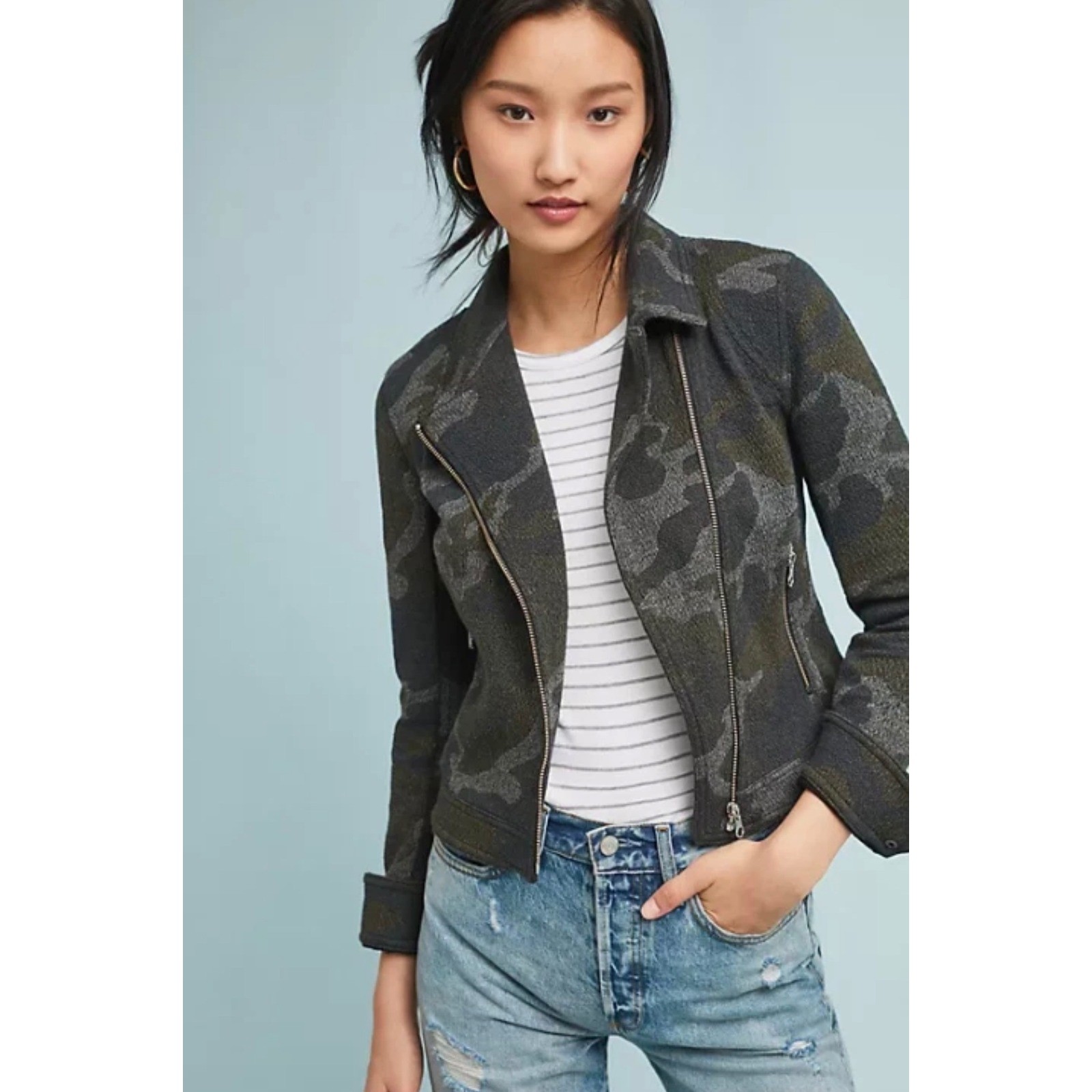Anthropologie Robin Camo Moto Jacket Women Medium Green Grey Knit Asymmetric Zip