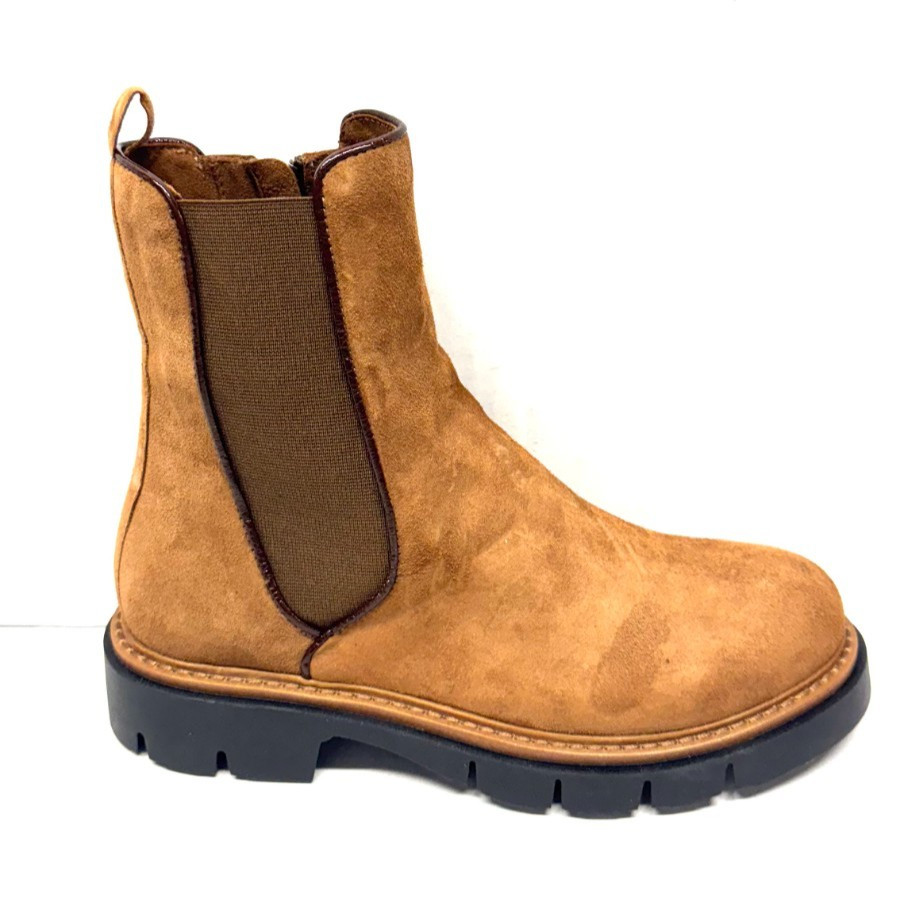 MIZ MOOZ NUBUCK LEATHER BOOTS SIDE ZIP ELASTIC GORE CAMEL 37EU / 7US # Z-170