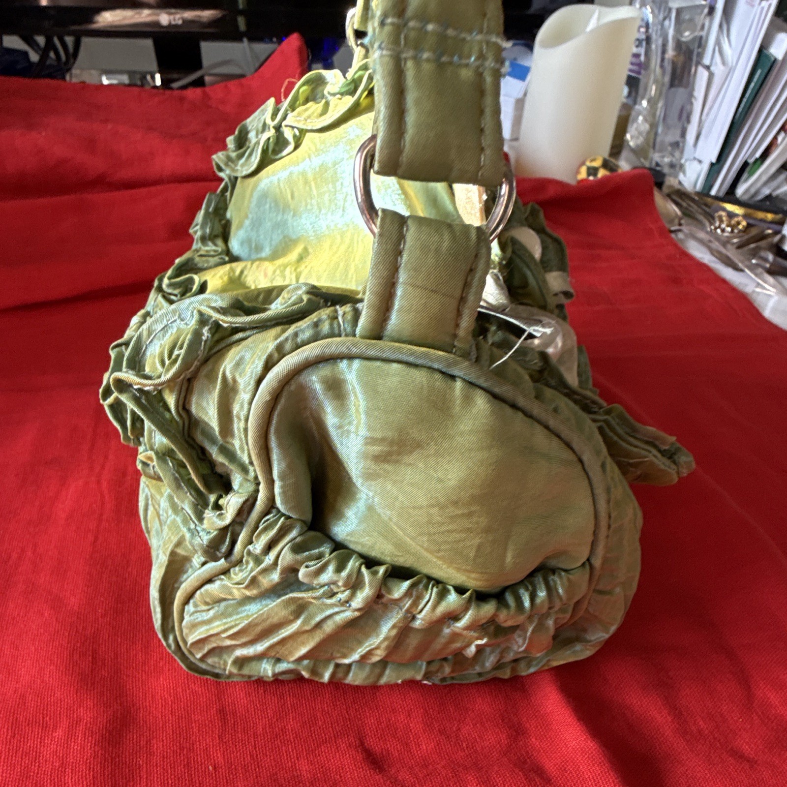 Green Ruffle Bow Beaded Floral Shoulder Bag Silver Hardware Zip Magnetic Lined