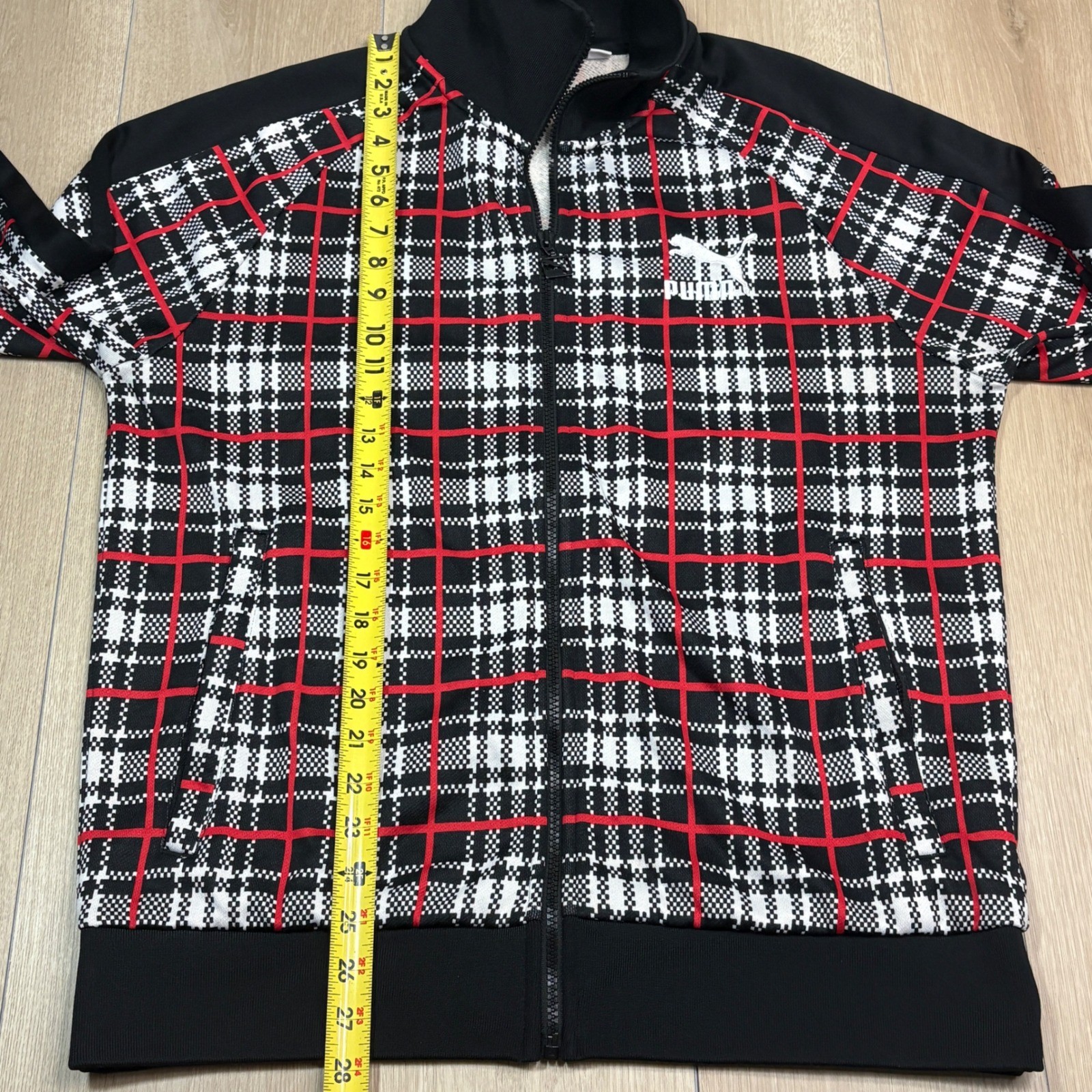 Puma T7 Track 68 Mens Large Plaid Funnel Neck Full Zip Track Jacket Black Red