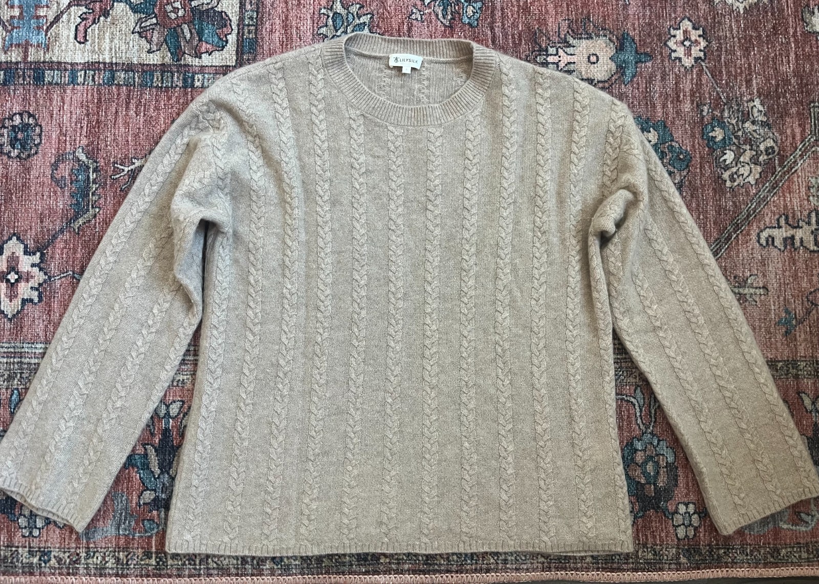 lily silk cashmere cable knit sweater | semi-sheer | brown/beige/tan | size S