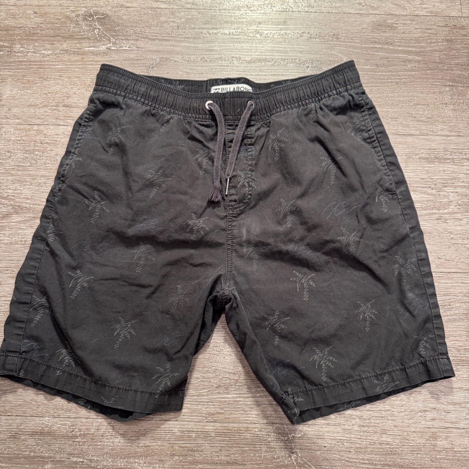 Billabong Shorts Mens L Black Palm Tree Cotton Blend Casual Elastic Waist 7″
