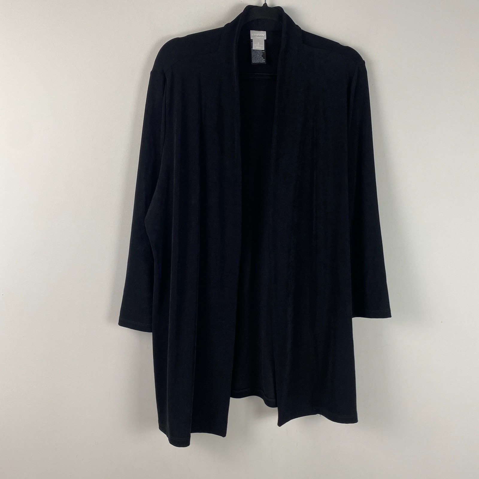 Chicos Travelers Open Cardigan Jacket Size 2 US Large Black Slinky Knit 3/4 Slv