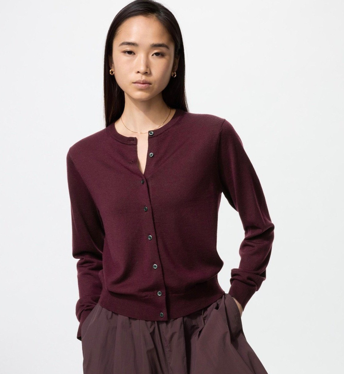 Uniqlo Extra Fine Merino Wool Cardigan Sweater Burgundy Wine 478331 Womens M