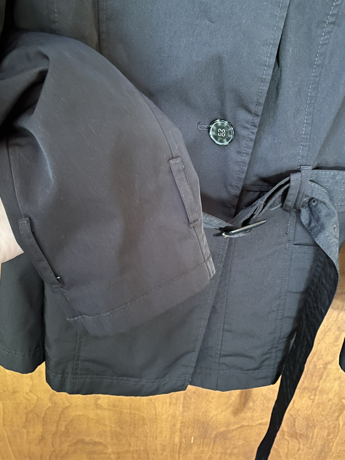 Worthing Black Trench Rain Coat Women’s Size L Mid Length Jacket Belted Classic