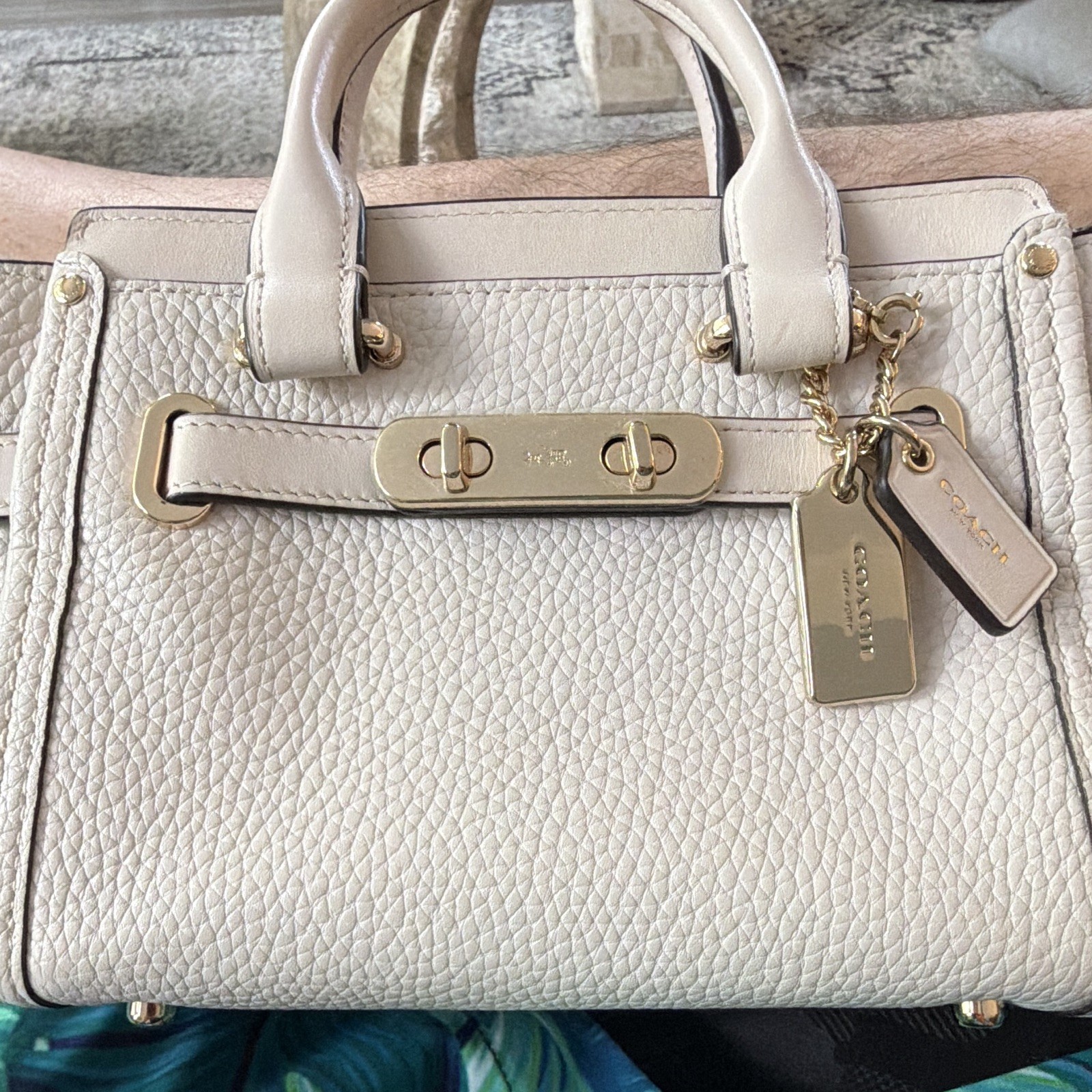 Coach Swagger 27 Carryall 36235 Chalk Pebbled Leather Satchel Crossbody w/Strap