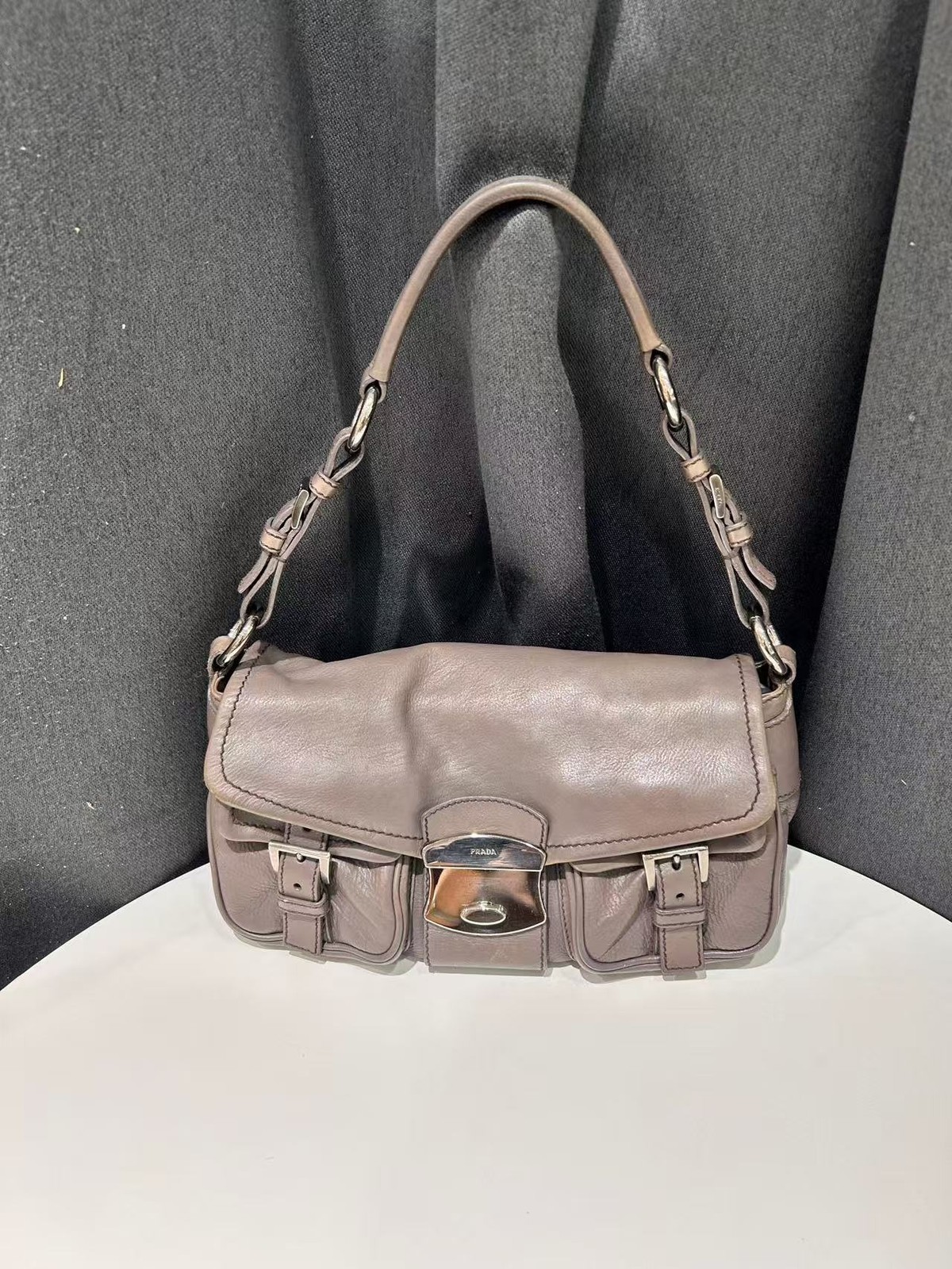 Authentic Prada Black Calf Leather Double Pocket Shoulder Bag Italy