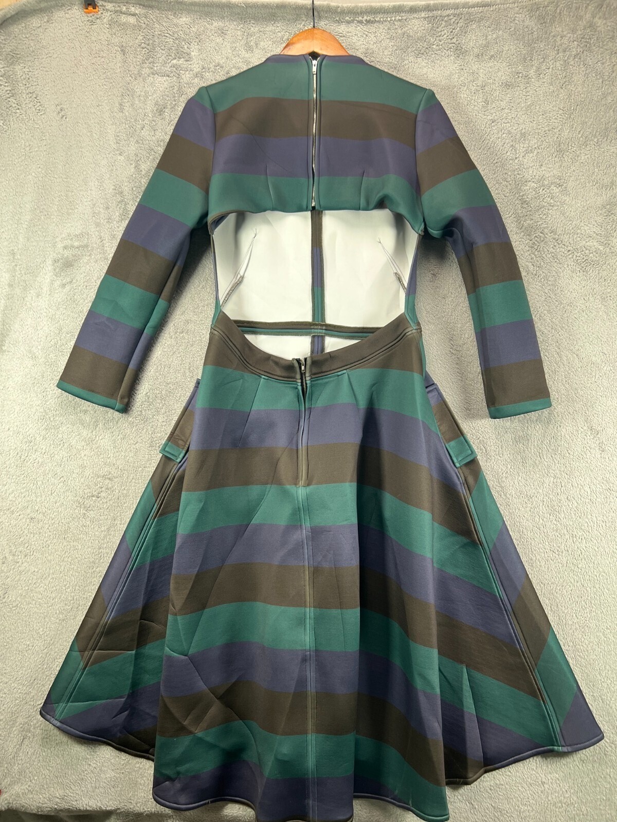 HAODUOYI Juniors 2XL Dress Green Stripe A Line Flare Open Back Long Sleeve NWT