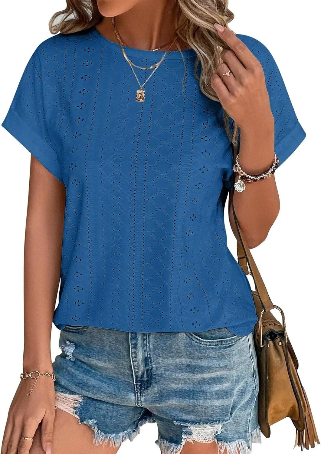 Womens Eyelet Embroidery Top Short Sleeve Curved Hem Loose Fit Summer T Shirt