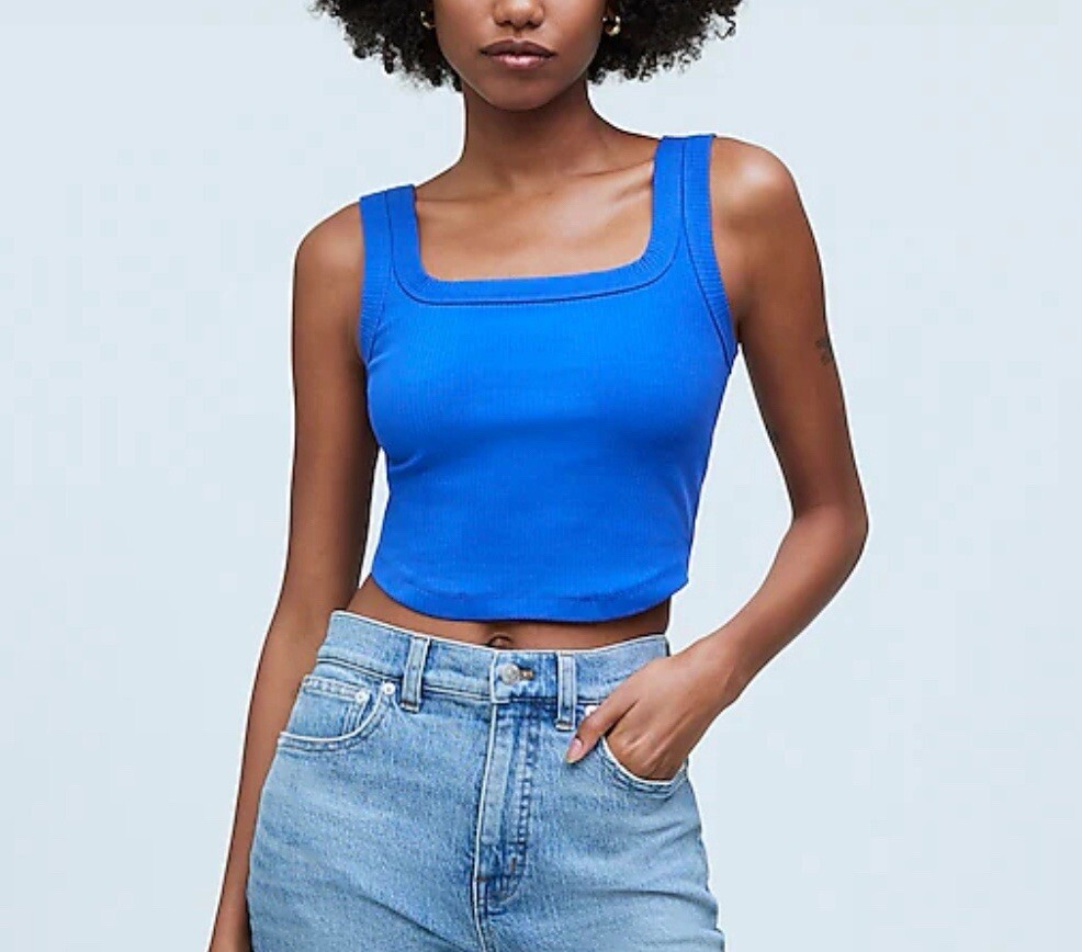 MADEWELL Crop Tank Top Women XS Pure Blue Ribbed NEW Wide Strap NL398
