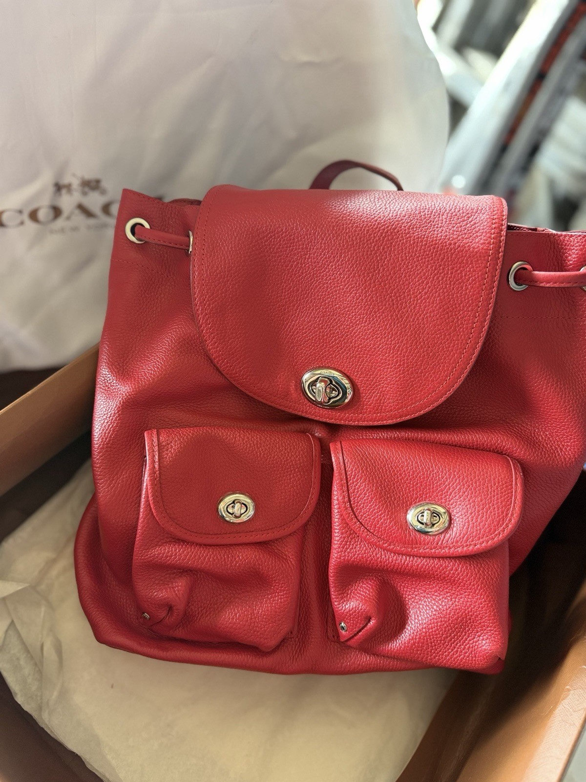 Coach Women’s Red Medium Backpack Pebbled Drawstring Turnlock Pockets Dust Bag