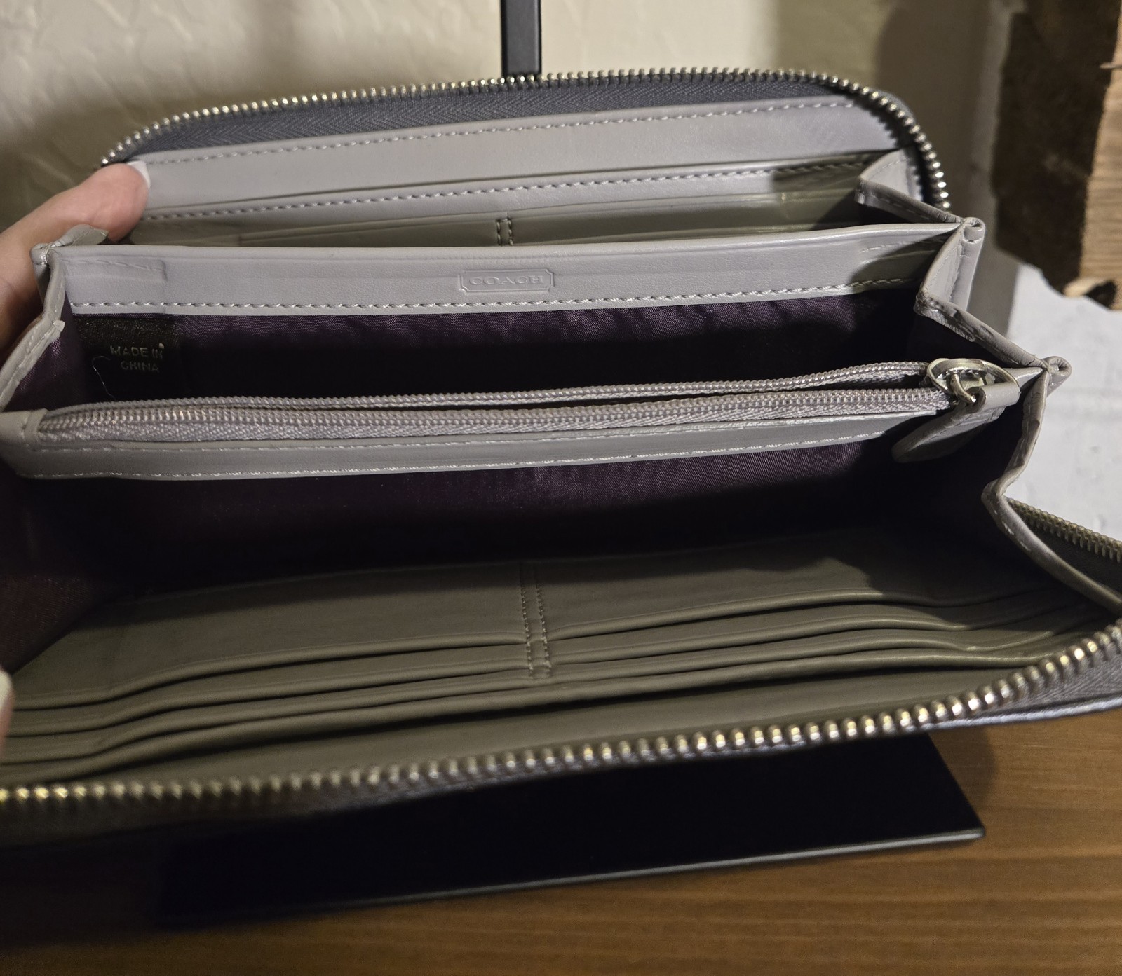 Coach Signature Logo Zip-Around Wallet, Gray, Purple Lining 7.75 x 4