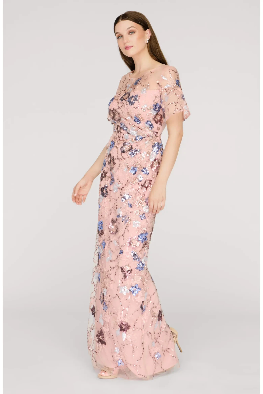 New J.S.Collection Alisa Sequin Embellished Short Sleeve Column Gown Size 8