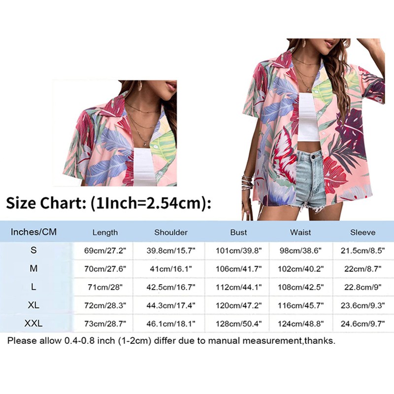 Women Funky Hawaiian Shirt Blouse Frontpocket Leaves Flowers Pineapple Print Tee
