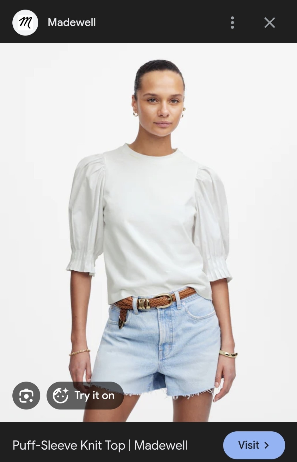 NWT Madewell – Women’s Puff-Sleeve Knit Cotton Top – Size Small