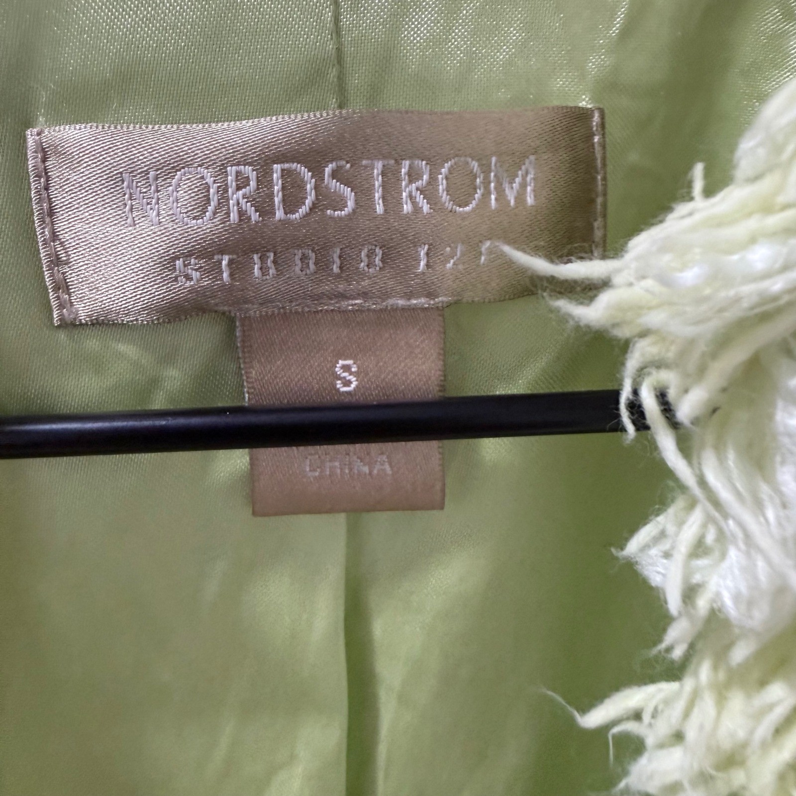 Nordstrom Studio 121 Lime Green Tweed Blazer Fringe Trim Open Front Jacket