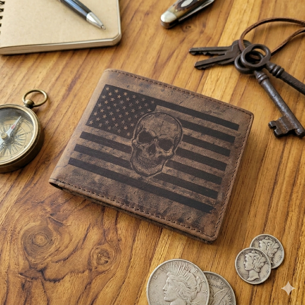 US Flag Skull Full Grain Hunter Cowhide Leather RFID Blocking Bifold Wallet