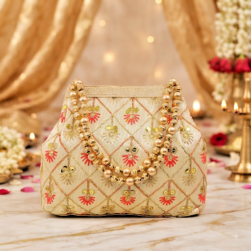 iNDIAN ETHNIC MAGNETIC BEADED BAG GOLD EMBROIDERED WEDDING POTLI BATWA PURSE