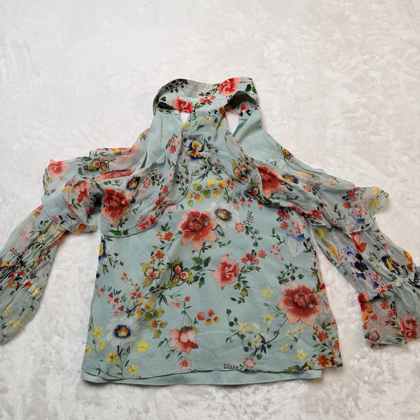 Alice + Olivia Blayne Floral Print Cold-shoulder Silk Top blouse,NWT