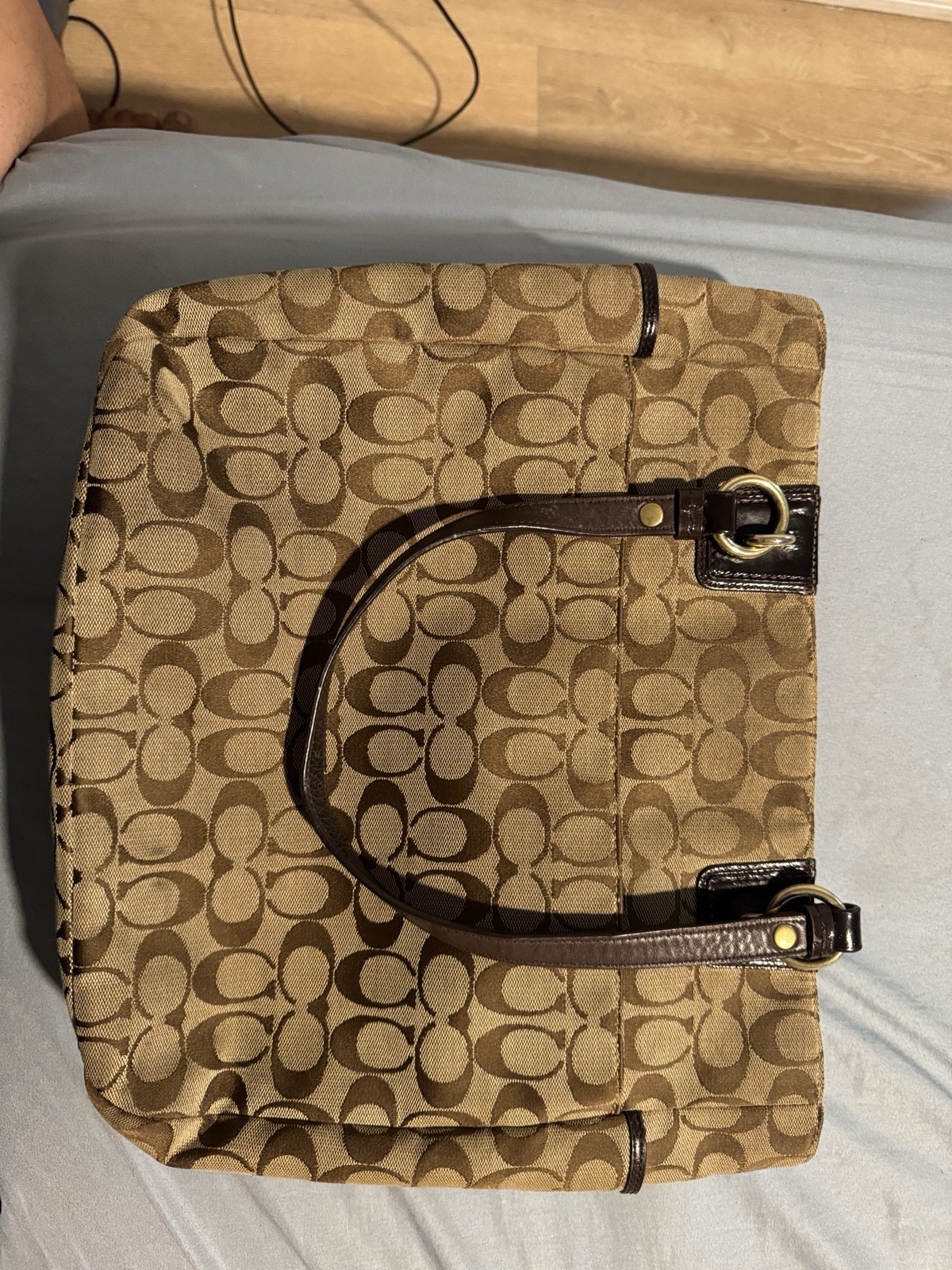 Coach Signature Logo Zip Tote Bag. Brown Tan Large Double Handles Gold HW.