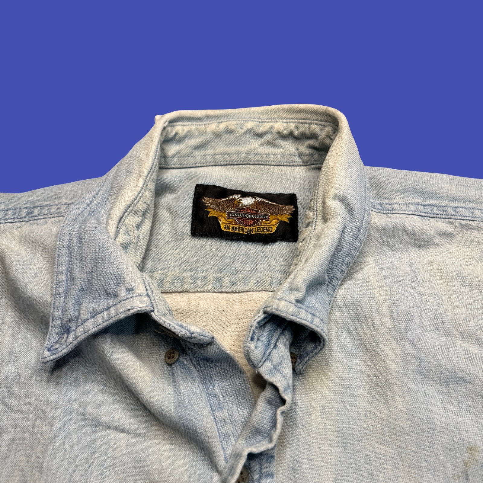 Harley-Davidson Denim Shirt Blue Motorcycle Biker Graphic Button Down Distressed