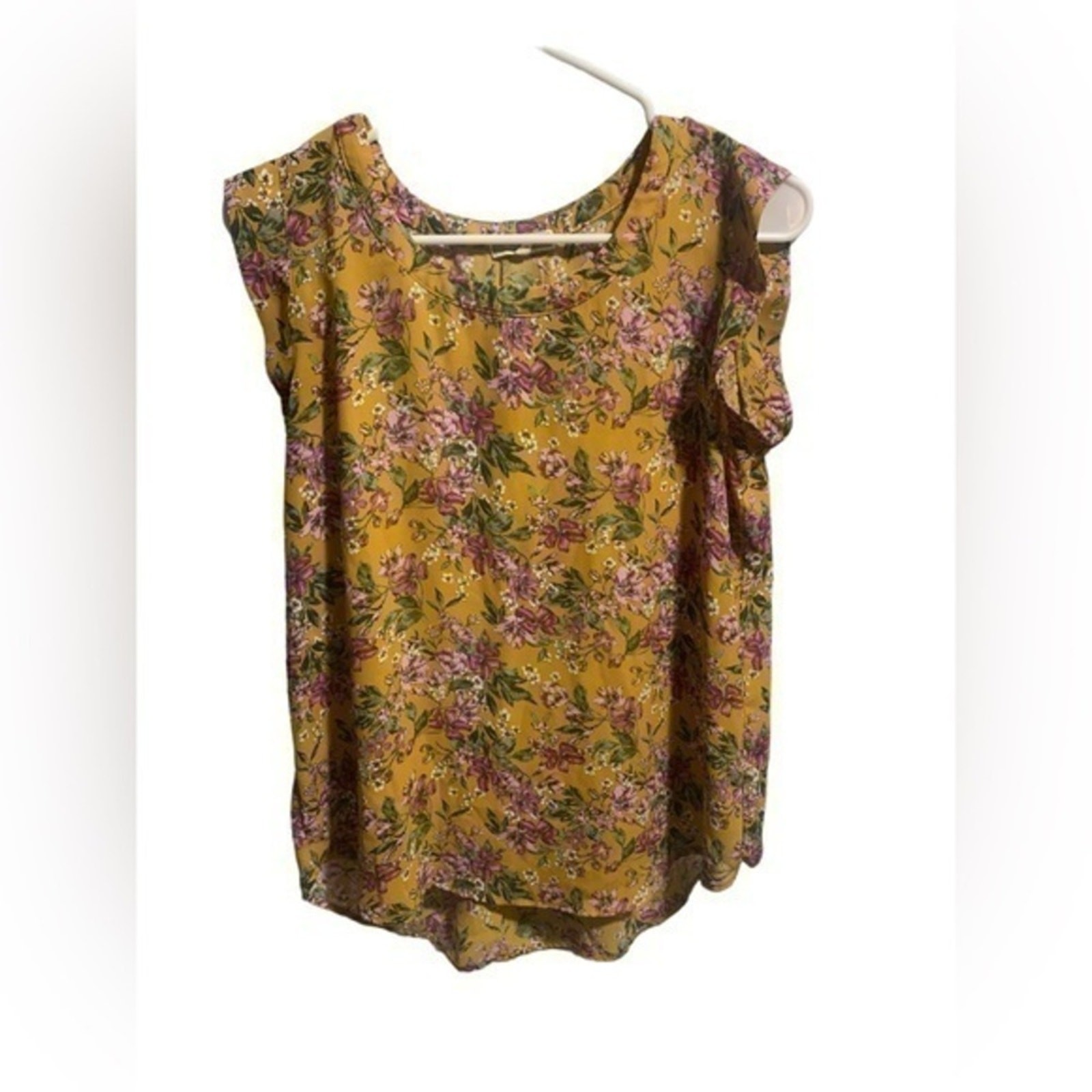 Anthro Pleione Floral Purple Yellow Blouse Size Small
