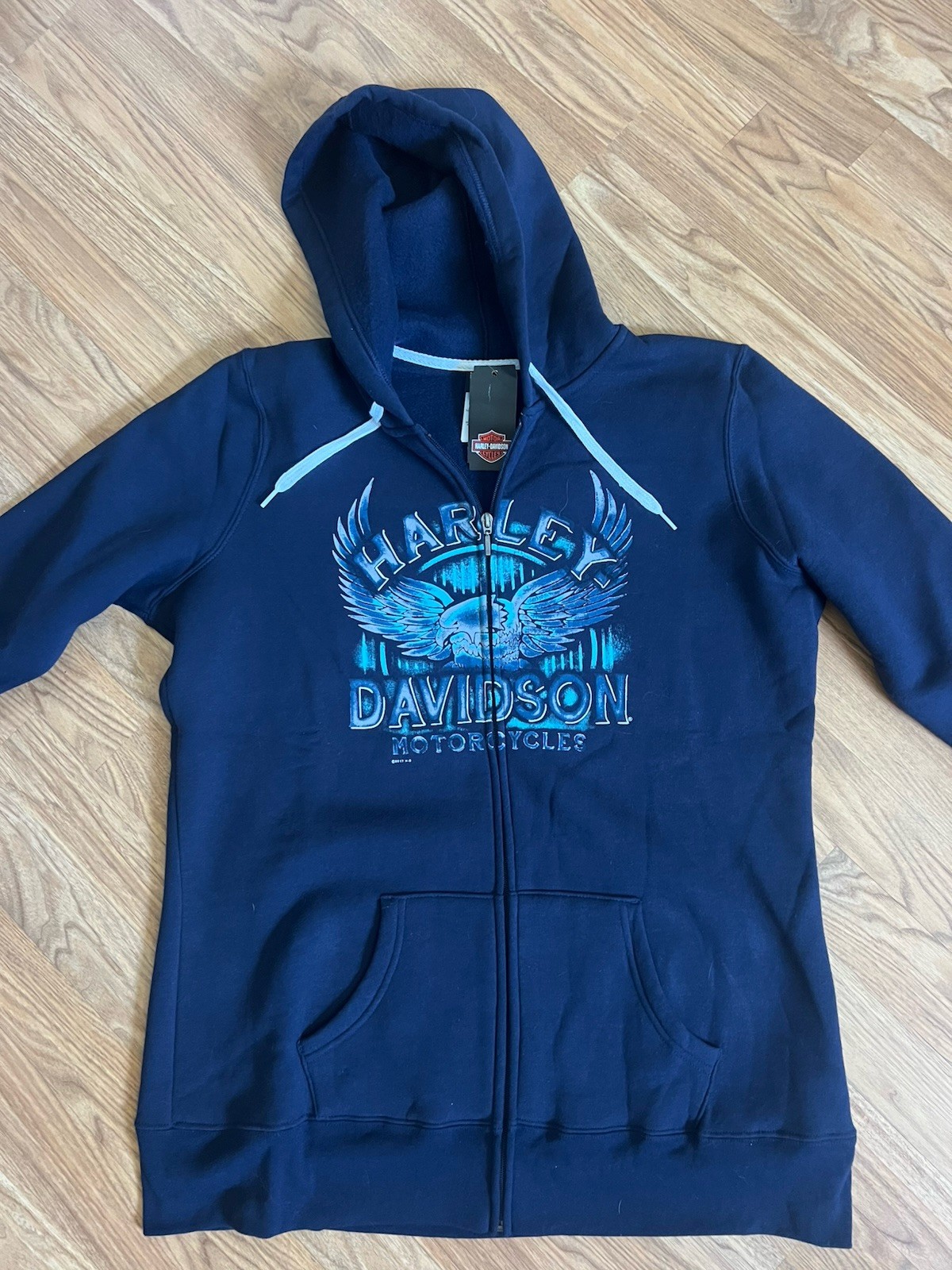 New Harley-Davidson women’s Blue Full Zip Fleece Hoodie Eagle Graphic Pockets XL