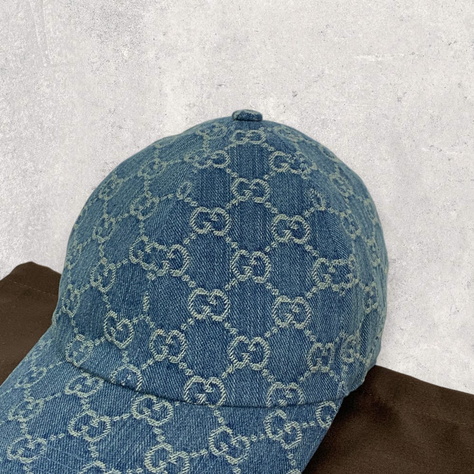 Gucci GG Monogram Logo Horsebit-Detailed Leather Denim Baseball Cap Blue Size M