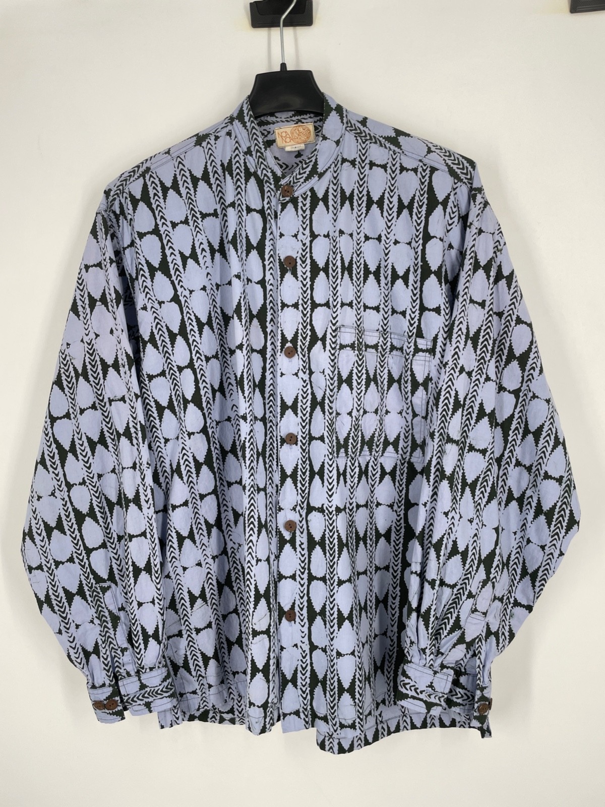 VTG NoaNoa Mens size L Blue Geo print Hawaiian Button Up shirt cotton hand made