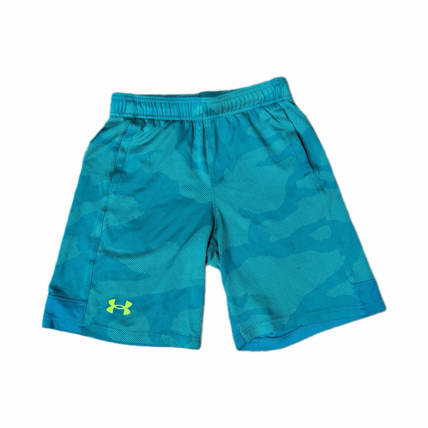 Under Armour Boys YM Blue/Green Camo Mesh Shorts Breathable Drawstring