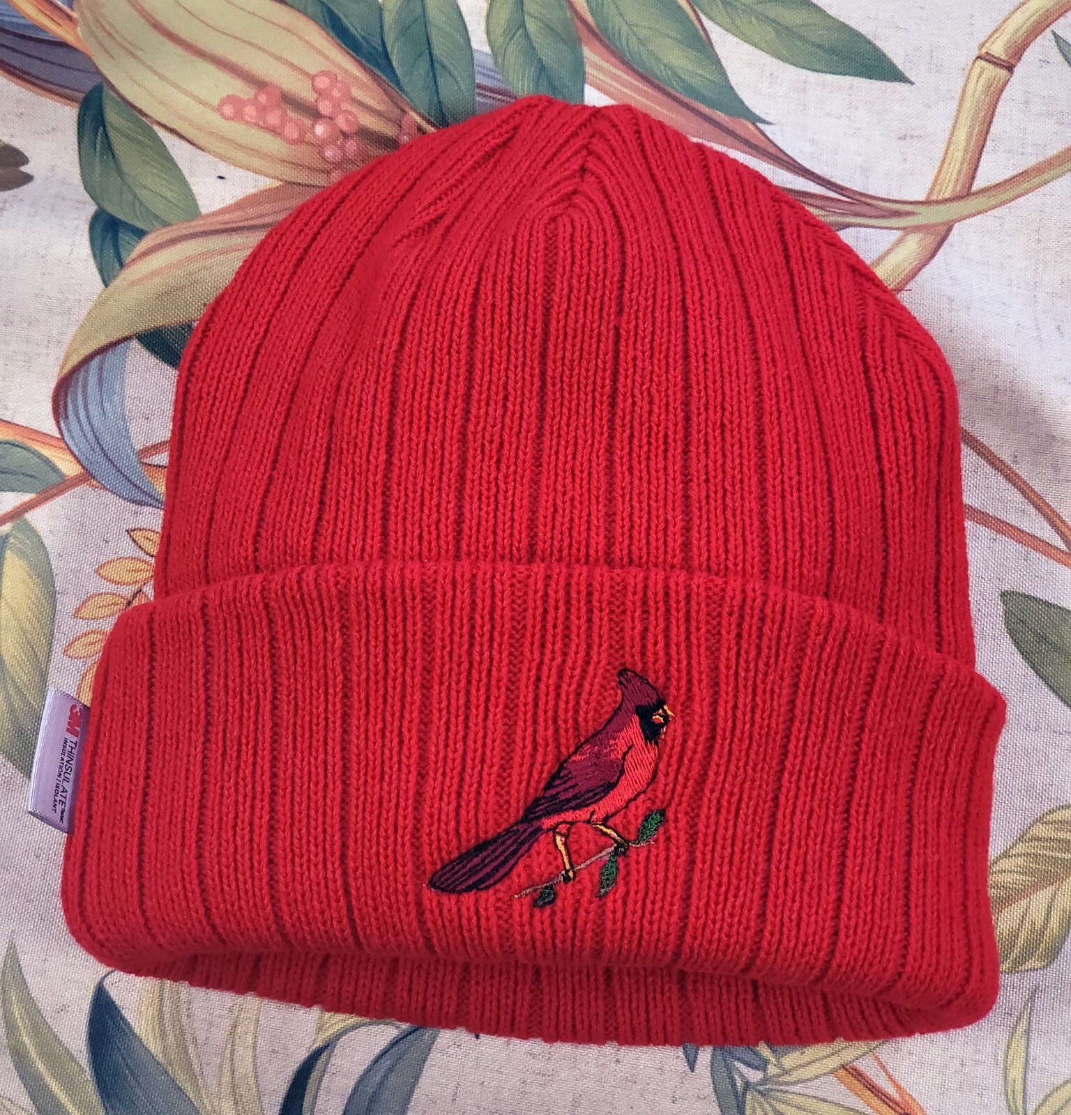 Red Cardinal bird embroidered fleece beanie hat, insulated beanie, Bird lover
