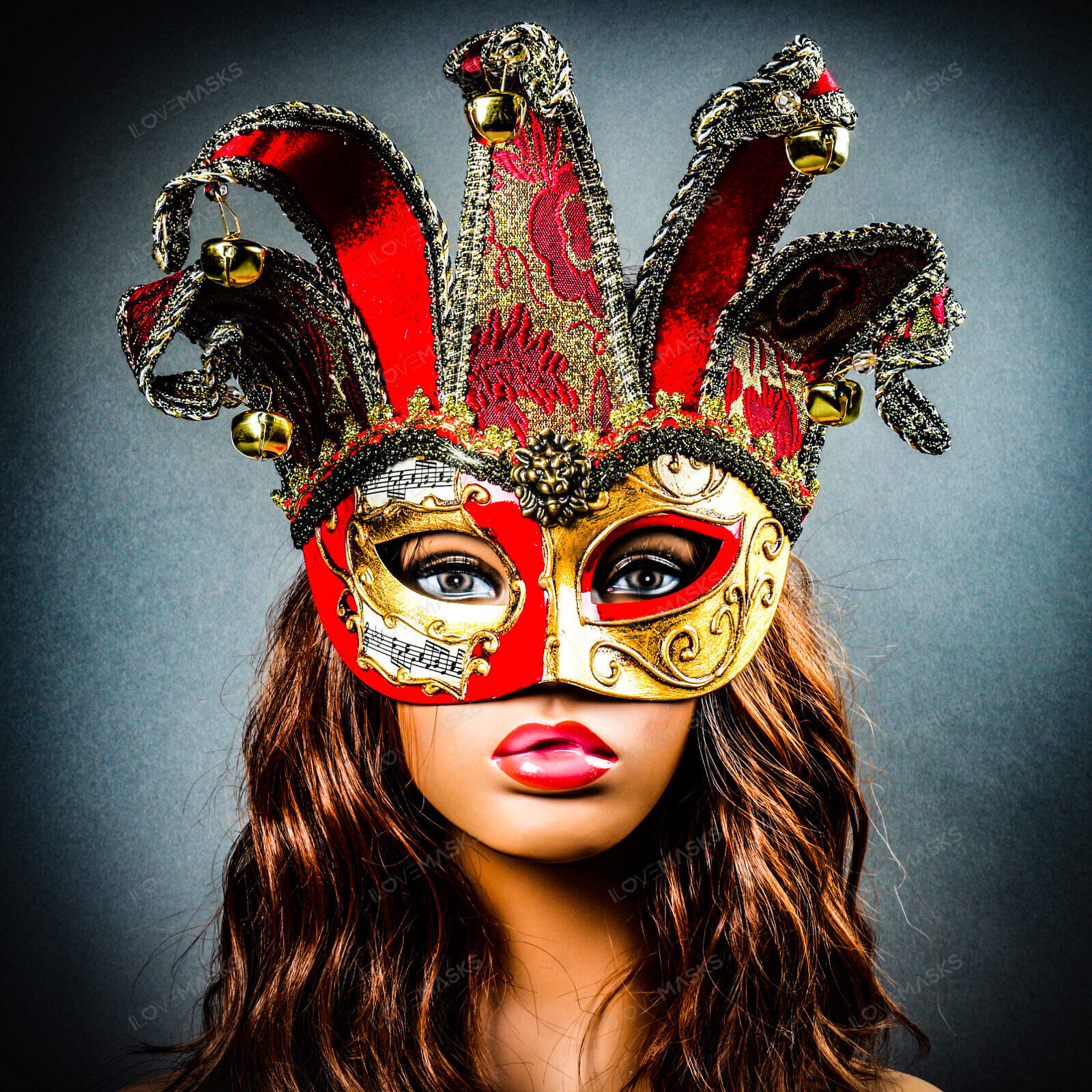 Jester Joker Venetian Musical Eye Mask with Bells – Gold Red Halloween Eye Mask