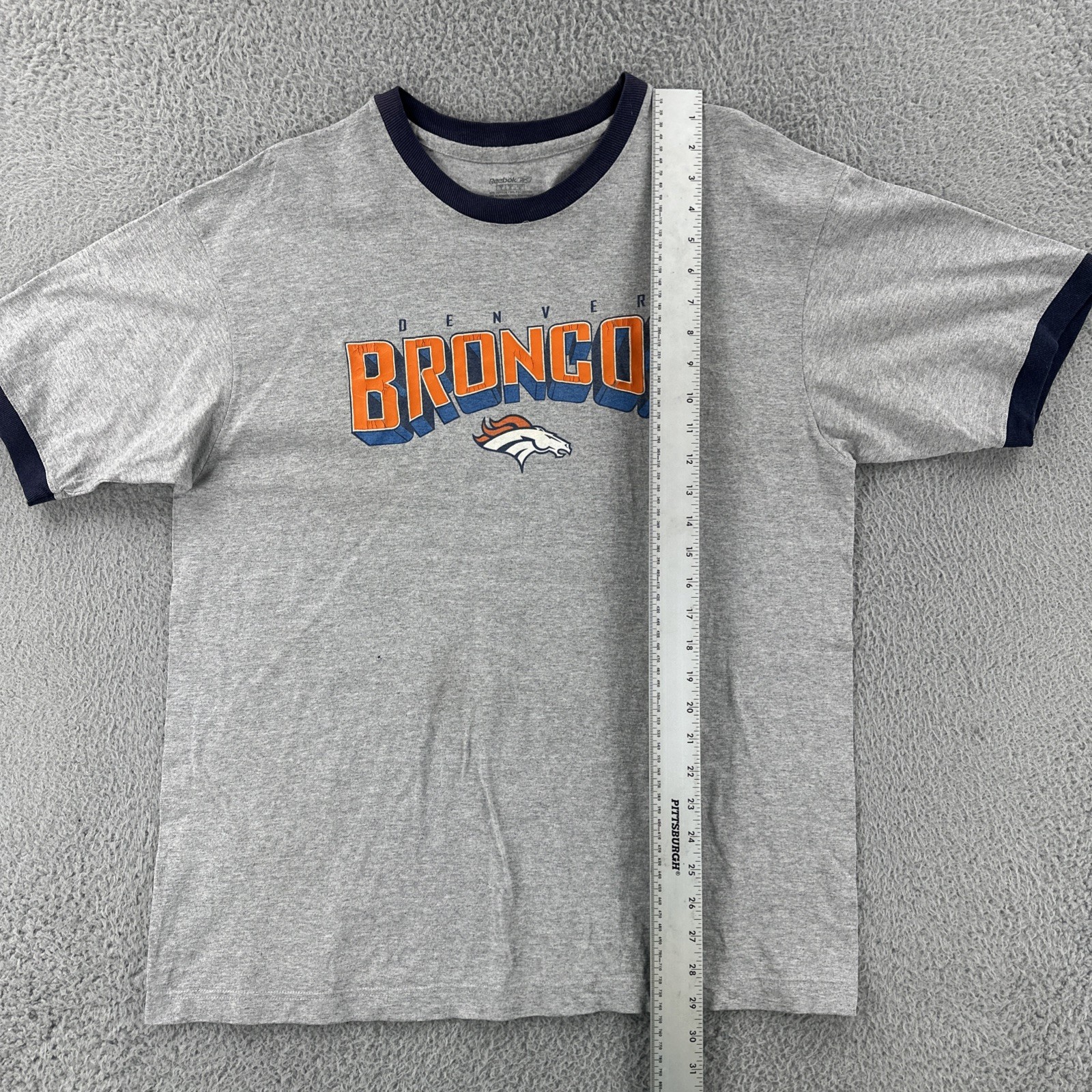 Reebok Adult Size Large Gray Ringer T Shirt NFL Denver Broncos Football Y2K Tee