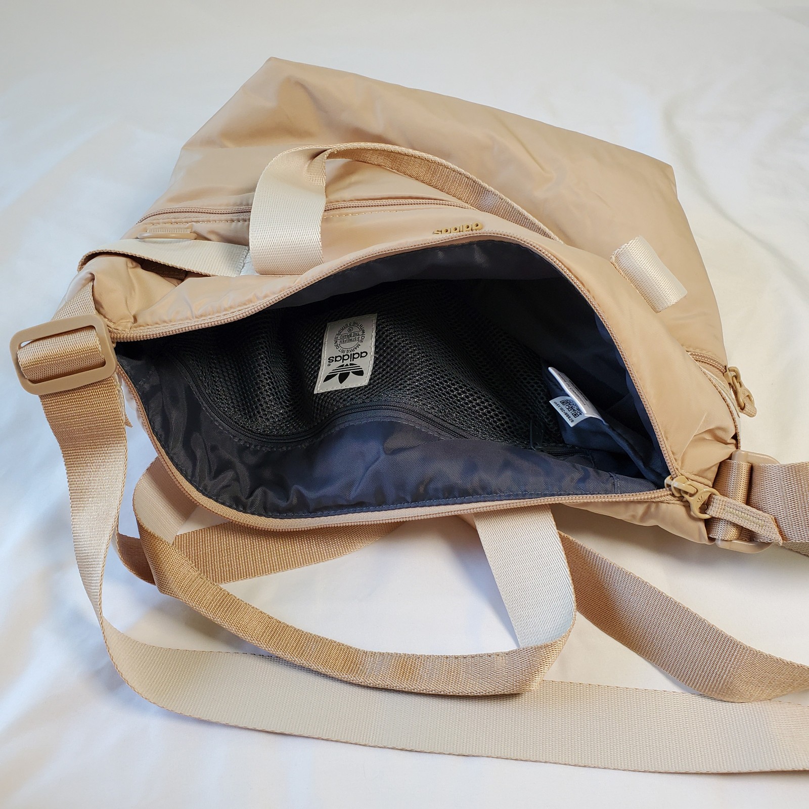 Adidas Stylish Sport Shopper Tote Puffer Travel Gym Bag Tan Beige Zip Top Purse