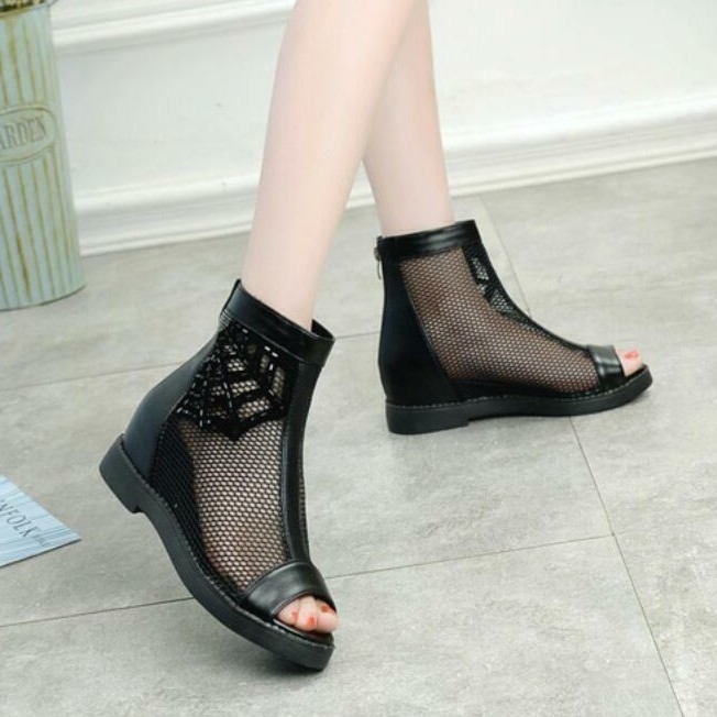 Women’s Roman Sandals Ankle Boots Peep Toe Low Hidden Wedge Heel Mesh Net Shoes
